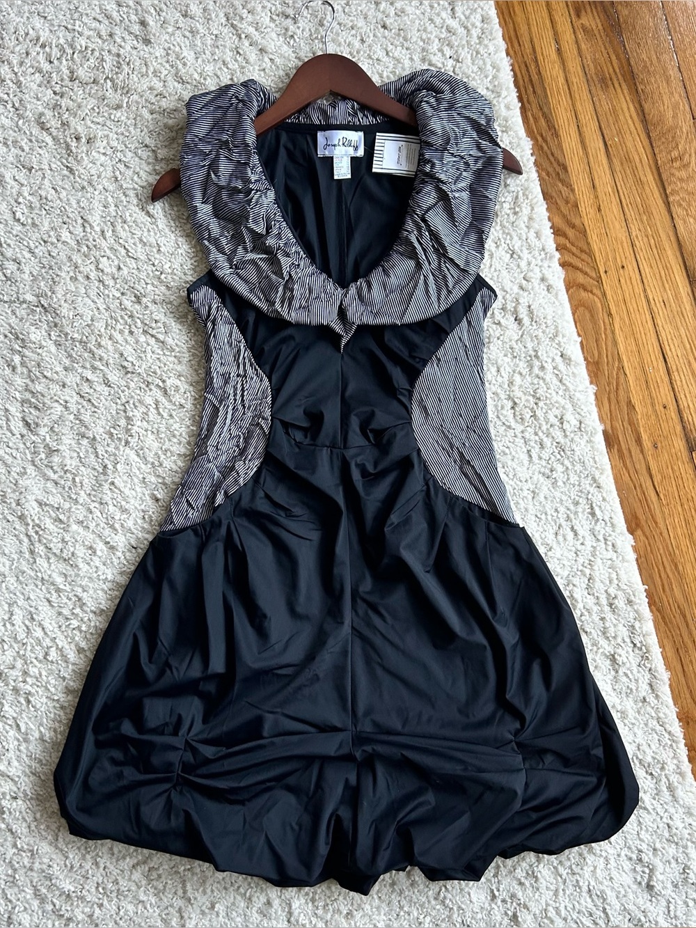 Joseph Ribkoff Puffy Black Dress with White-Striped Ruffle Collar